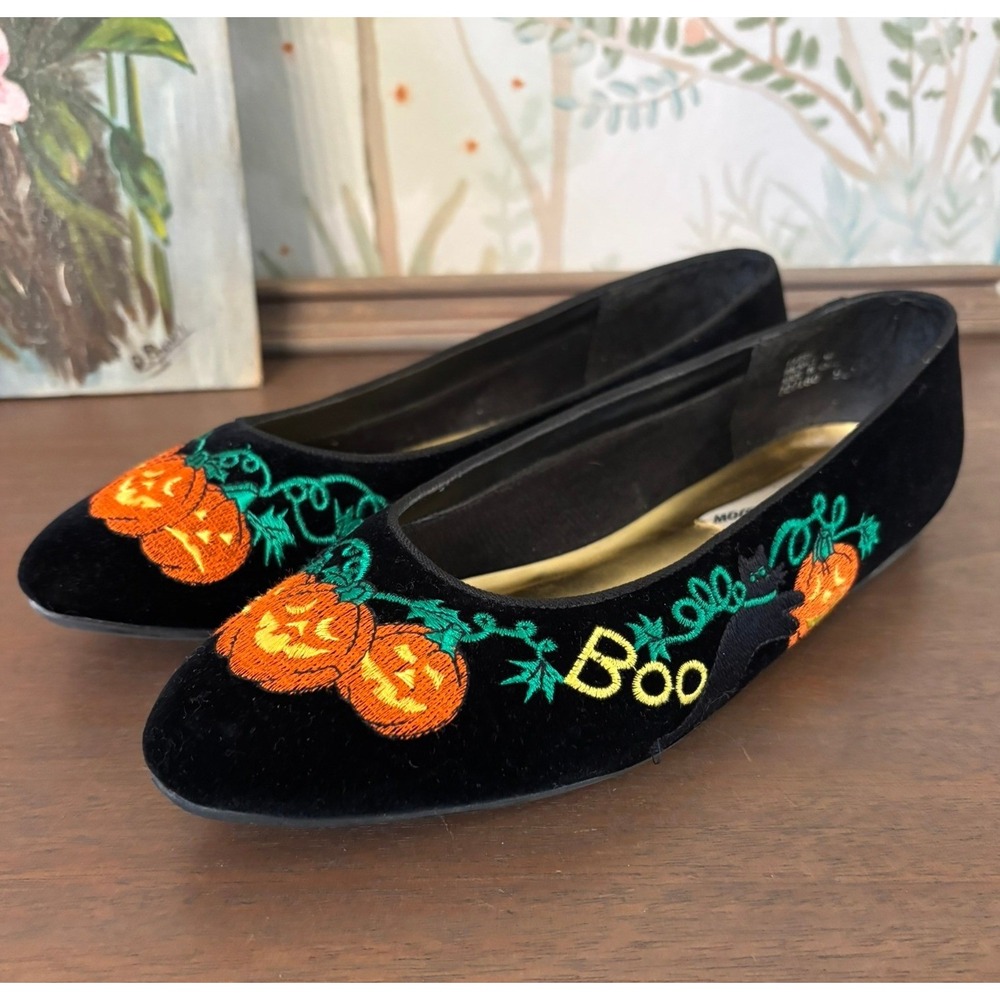 Mootsies Tootsies Halloween Flats Women 9.5 Black Velvet Pumpkin Boo Cat Pointed